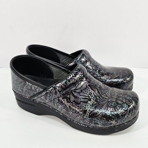 Dansko Black Iridescent Floral Embossed Leather Clogs EU 40 US 9.5-10 - Picture 1 of 8